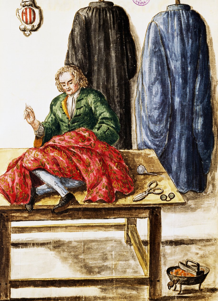 متجر خياط ، رسم توضيحي لـ Jan van Grevenbroeck (1731-1807) من مخطوطة Dress of Venetians ، إيطاليا بواسطة جان فان جريفينبروك