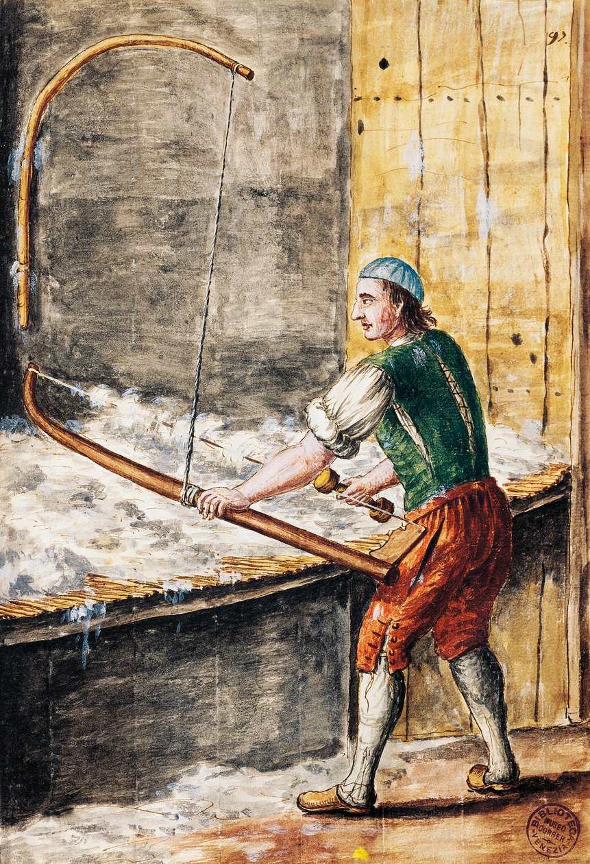 غزل القطن ، رسم توضيحي من الكتاب المصور لأزياء البندقية ، بقلم جان جريفينبروك (1731-1807) ، ألوان مائية ، إيطاليا بواسطة جان فان جريفينبروك