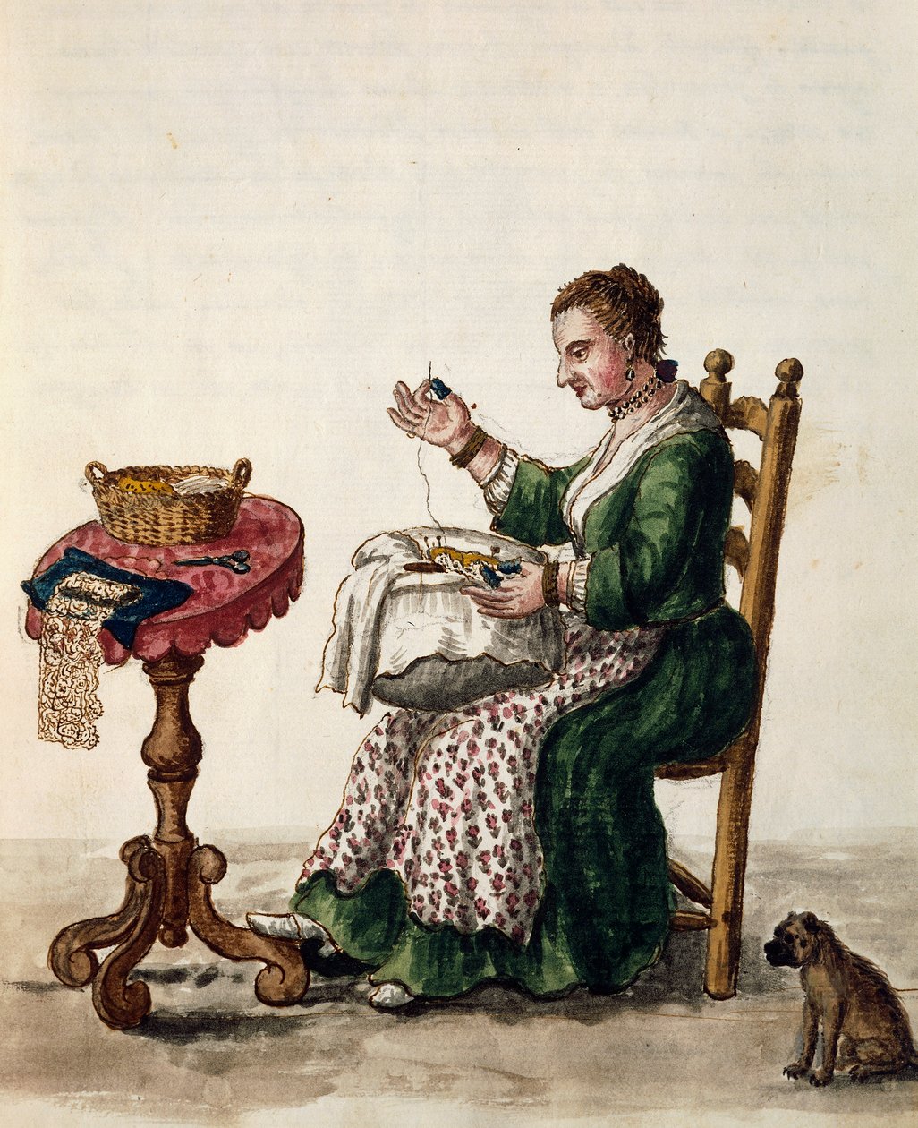 امرأة تصنع بونتو في دانتيل إبرة آريا ، كاليفورنيا 1754 ، رسم توضيحي من كتاب مصور لأزياء البندقية ، المجلد الثالث ، ج 147 ، بقلم جان جريفينبروك (1731-1807) ، ألوان مائية ، إيطاليا بواسطة جان فان جريفينبروك