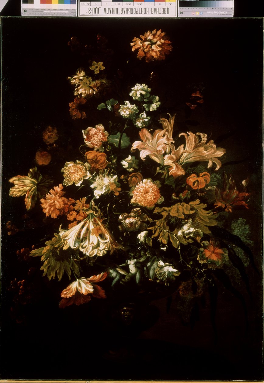 زهور (زهور). لا تزال الحياة لباقة من الزهور. لوحة جان فان هويسوم (1682-1749) بواسطة جان فان هويسم