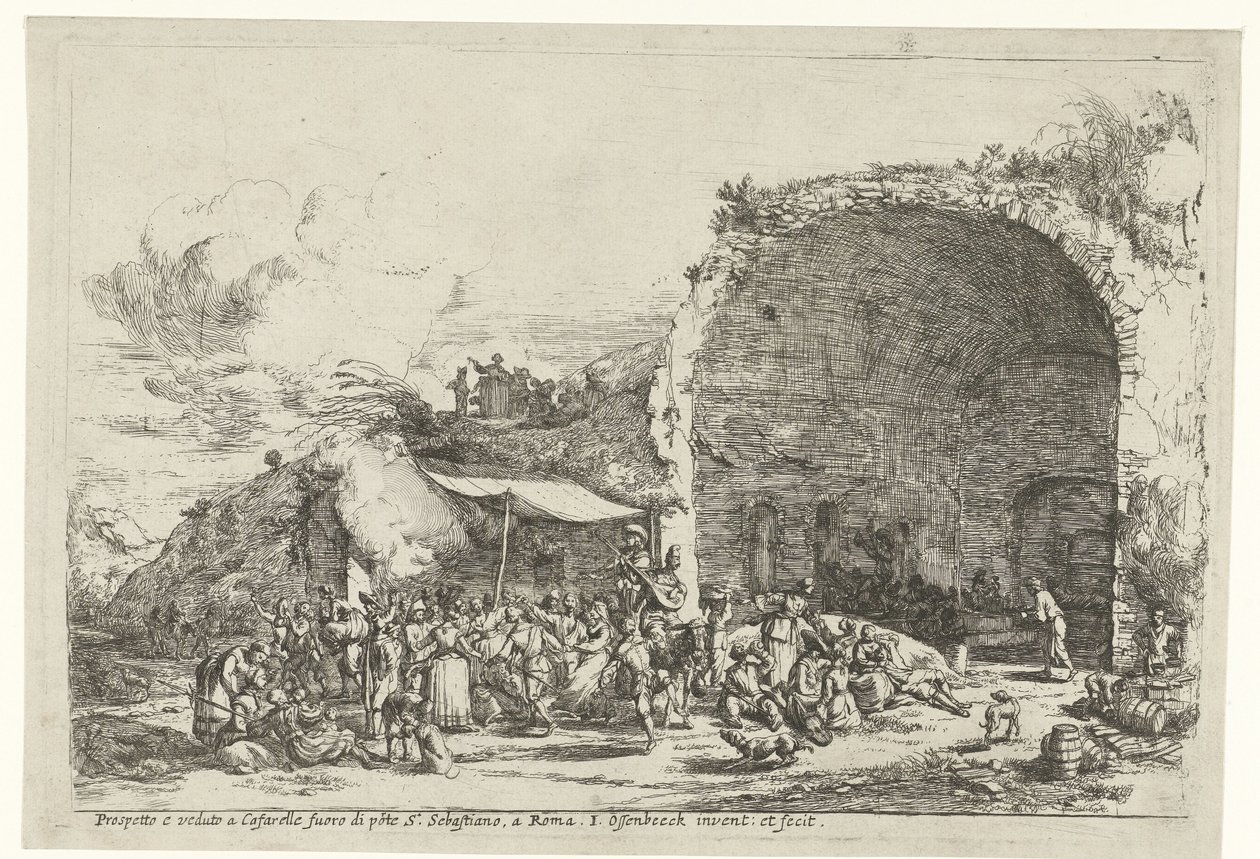 الاحتفالات عند أنقاض كهف الحورية Egeria Prospetto e veduto a Cafarelle fuoro di porte S. Sebastiano ، روما (العنوان على الكائن) بواسطة جان فان أوسينبيك
