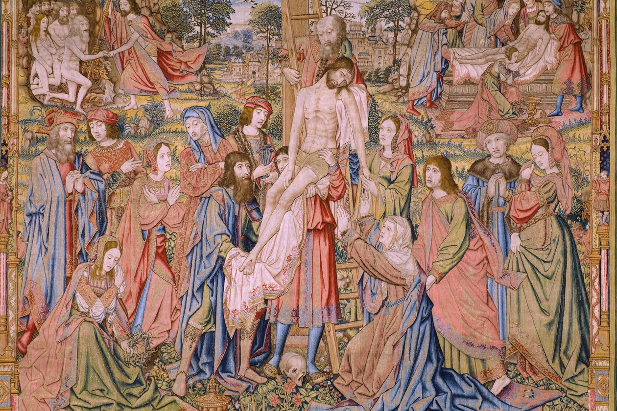 نسيج فلمنكي. سلسلة آلام المسيح: النزول من الصليب (Kruisafneming، Descendimiento de la cruz). صنع بيتر فان إيلست. رسام الكاريكاتير جان فان روم. كاليفورنيا 1507-1520. التفاصيل. بواسطة جان فان روم