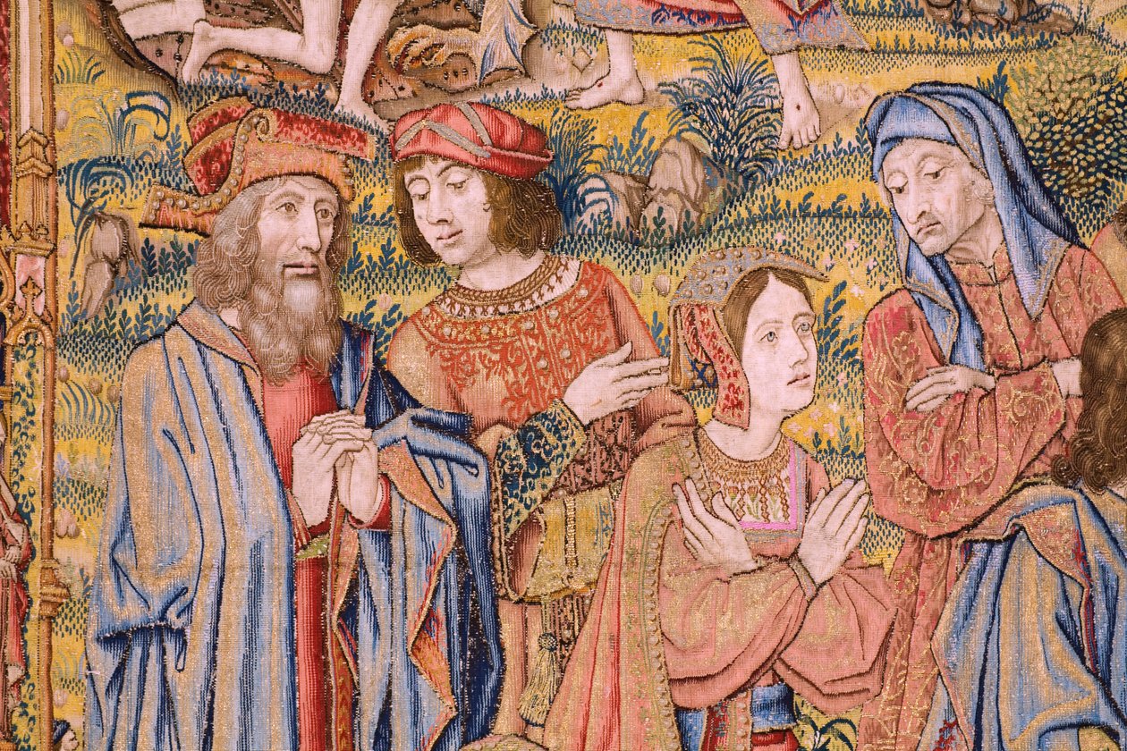 نسيج فلمنكي. سلسلة آلام المسيح: النزول من الصليب (Kruisafneming، Descendimiento de la cruz). صنع بيتر فان إيلست. رسام الكاريكاتير جان فان روم. كاليفورنيا 1507-1520. التفاصيل. بواسطة جان فان روم