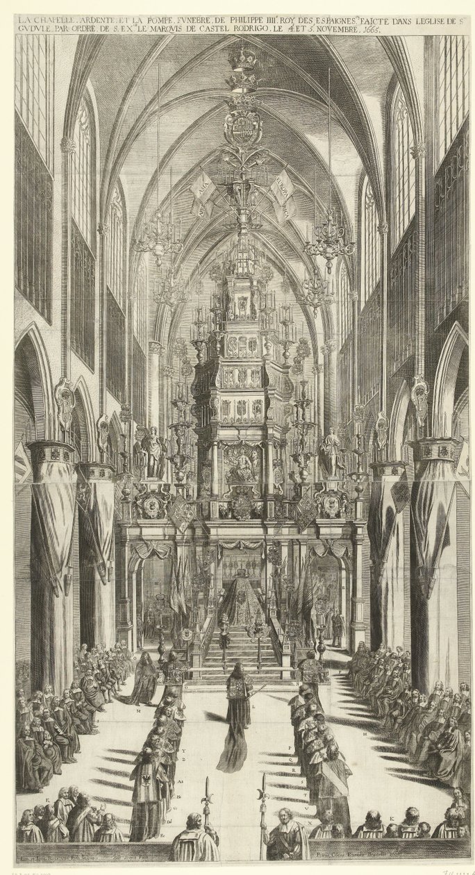 Lijkdienst voor Filips IV te Brussel، 1665 الكنيسة المحترقة ، والموكب الجنائزي لفيليب الثالث روي دي إسبين في كنيسة سانت. Gudule بالترتيب s. إفراط. ماركيز كاستل رودريغو في 4 و 5 نوفمبر 1665 (العنوان على الكائن) بواسطة جان فان تروين