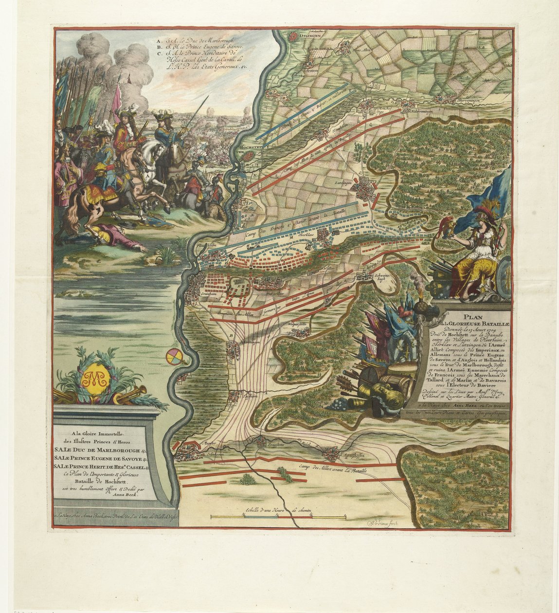 الخبث بيج Höchstädt ، 1704 خطة المعركة المجيدة المقدمة في 13 أغسطس بالقرب من Hochstett على نهر الدانوب (...) (العنوان على الجسم) بواسطة جان فان فيانين