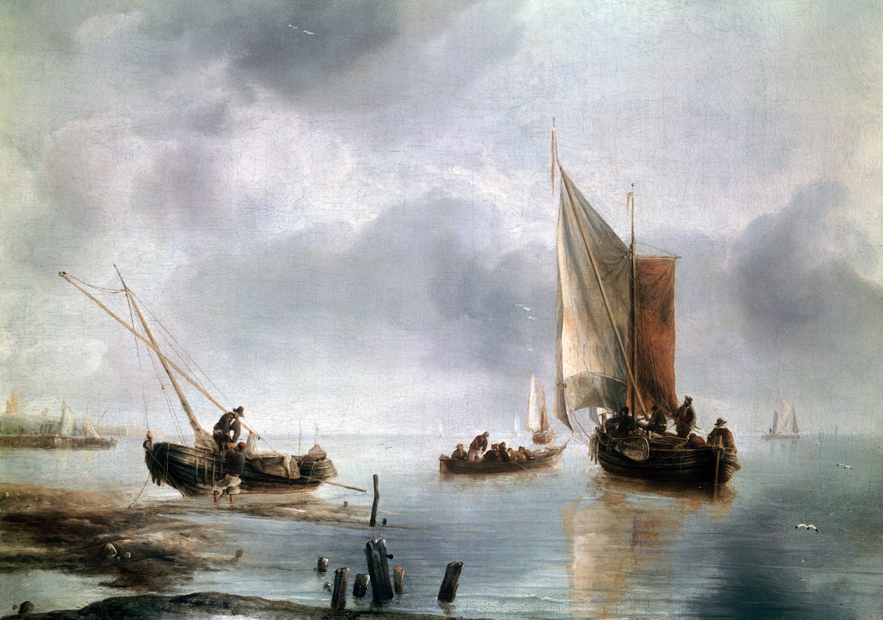 سفينة صغيرة في الهواء الخفيف ، وآخر على الشاطئ ، حوالي 1650-1660 ، بقلم جان فان دي كابيل (1624-كاليفورنيا 1679) ، زيت على قماش ، 34 ، 8x48 بواسطة جان فان دي كابيل أو كابيل