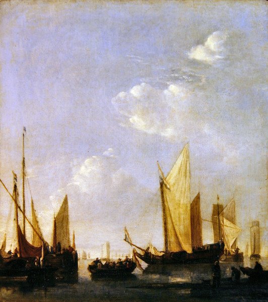 سفينة راسية في بحر هادئ ، حوالي عام 1650 (زيت على لوح) بواسطة جان فان دي كابيل أو كابيل