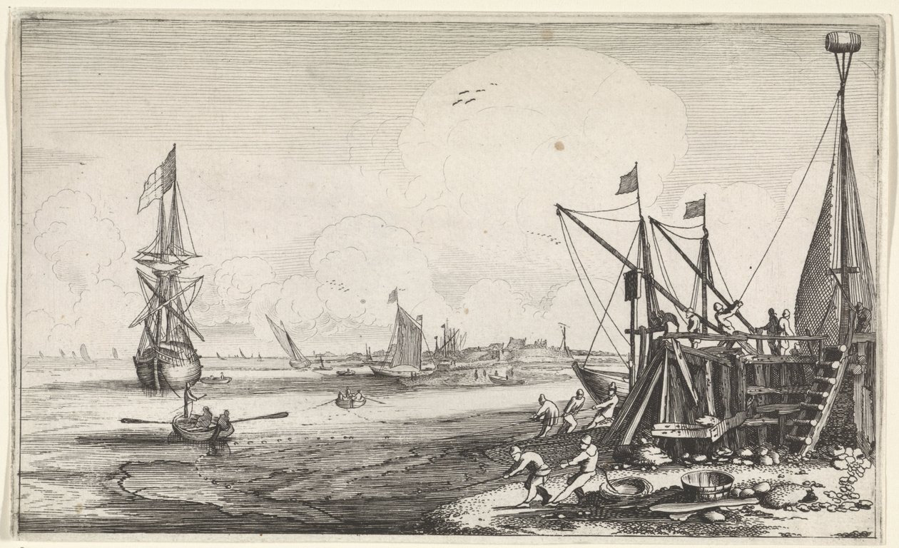 رأس المرفأ مع الصيادين الذين يسحبون شباكهم Seascapes (عنوان المسلسل) بواسطة جان فان دي فيلدي (الثاني)