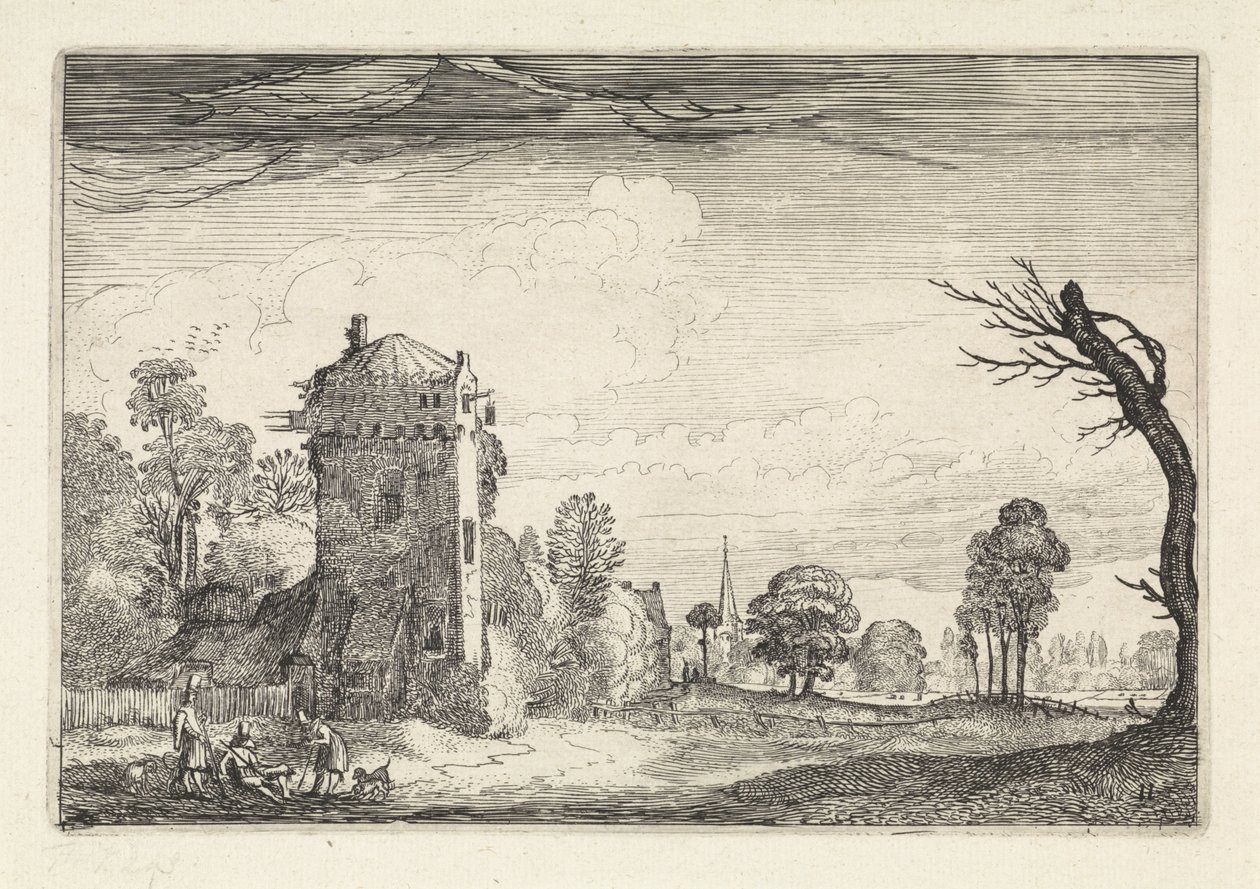 الصيادون مع الكلاب بالقرب من برج في منظر طبيعي المناظر الطبيعية (عنوان المسلسل) Amenissimae aliquot Requculae (عنوان السلسلة) بواسطة جان فان دي فيلدي (الثاني)