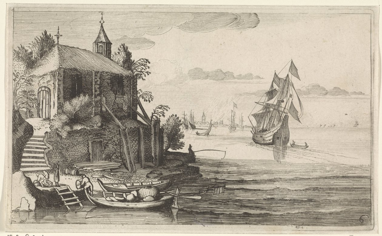 كاتش على الساحل مع كنيسة صغيرة Seascapes (عنوان المسلسل) بواسطة جان فان دي فيلدي (الثاني)