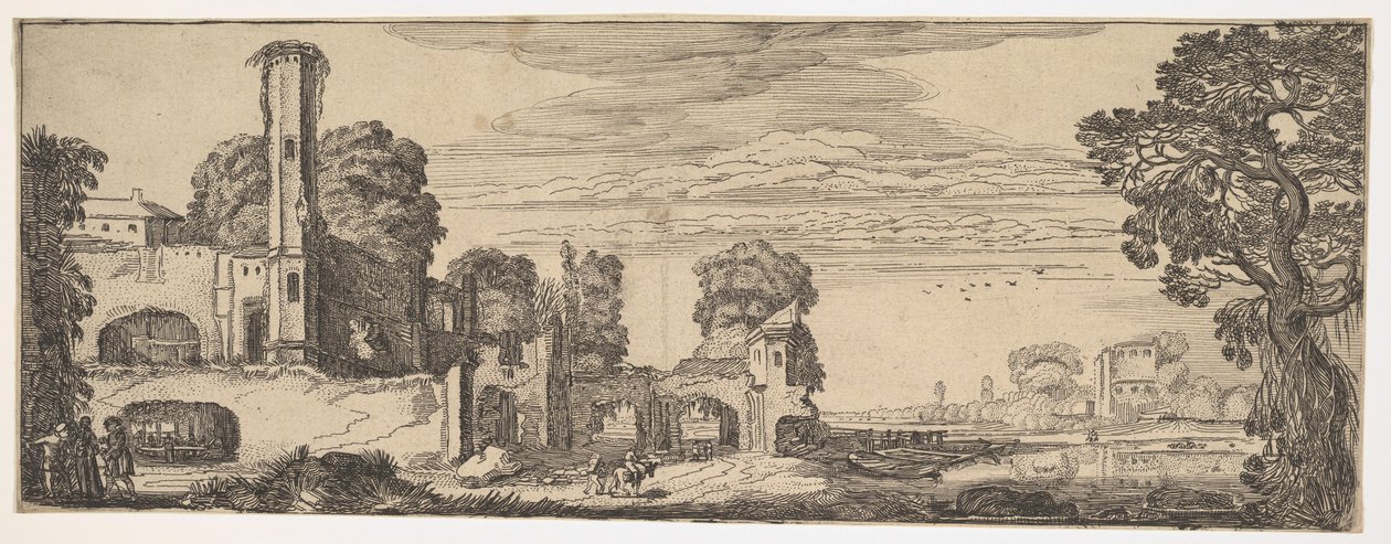 Riverscape مع أنقاض قلعة من المناظر الطبيعية والآثار ، كاليفورنيا. 1615. بواسطة جان فان دي فيلدي الثاني
