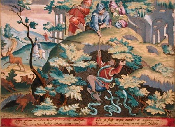 صياد تم إنقاذه من حفرة من الثعابين ، اللوحة 41 "Venationes Ferarum ، Avium ، Piscium" (للصيد: الحيوانات البرية والطيور والأسماك) نقشها جان كوليرت (1566-1628) نشره فيليبس جاليوس من أمستردام (نقش ملون يدويًا) بواسطة جان فان دير سترايت