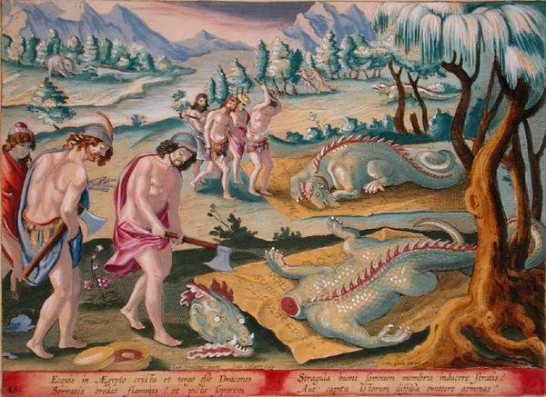 قطع رأس التماسيح، اللوحة 46 من 'Venationes Ferrarum, Avium, Piscium' (عن الصيد: الوحوش البرية والطيور والأسماك) نقشها جان كولارت (1566-1628) ونشرها فيليبوس جاليوس من أمستردام (نقش ملون يدويًا) بواسطة جان فان دير (1523 1605) (بعد) Straet