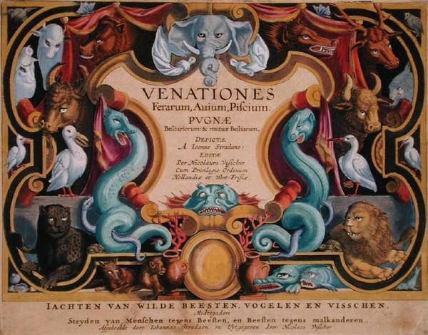 صفحة العنوان "Venationes Ferarum، Avium، Piscium" (للصيد: الوحوش البرية والطيور والأسماك) نقشها جان كوليرت (1566-1628) نشرها فيليبس جالايوس من أمستردام (نقش ملون يدويًا) بواسطة جان فان دير سترايت