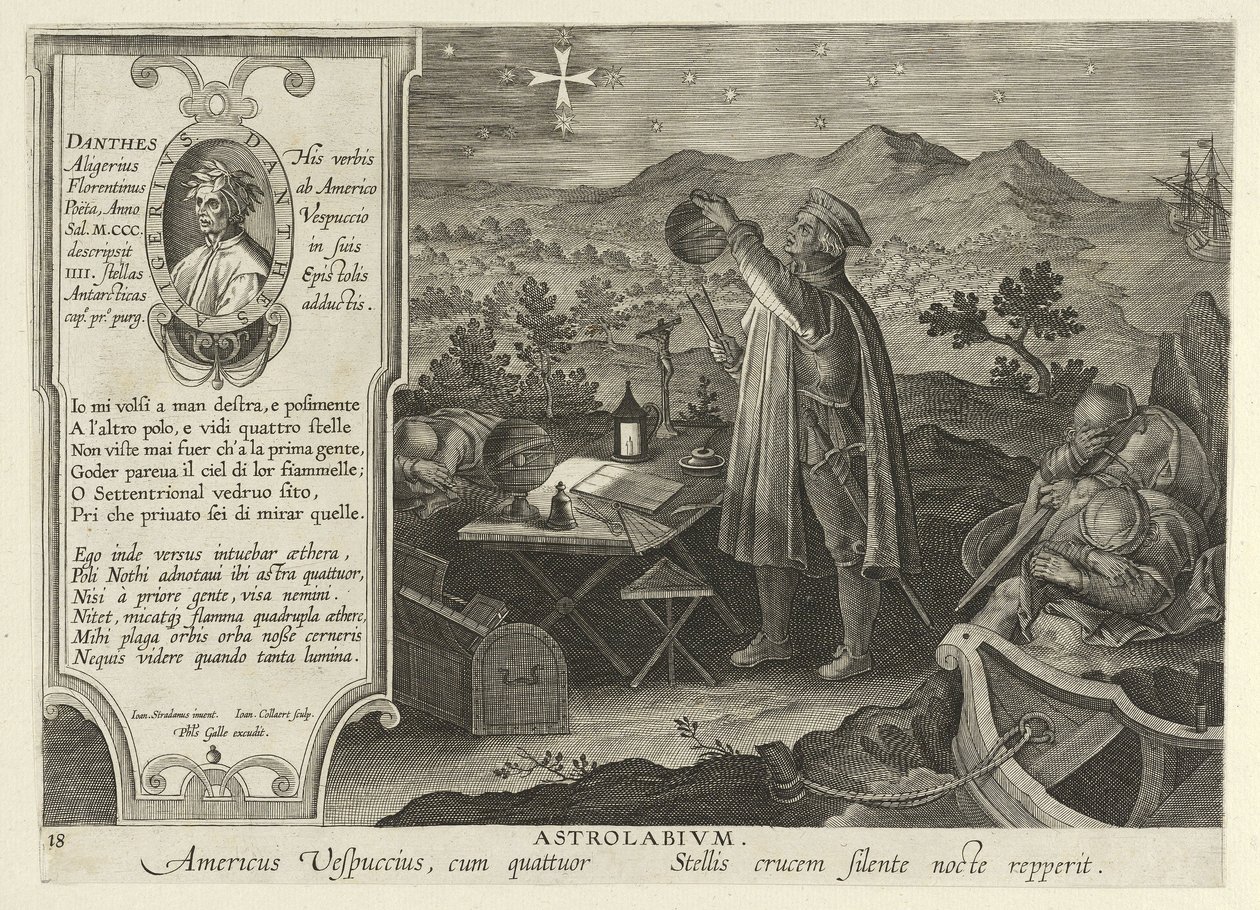 Amerigo Vespucci اكتشاف الصليب الجنوبي باستخدام الإسطرلاب ، من نوفا ريبيرتا ، حانة. 1600 (نقش) بواسطة جان فان دير سترايت