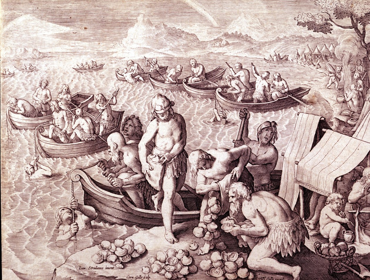 صيد المحار. القرن ال 17. نقش لجيوفاني سترادانو (جان فان دير سترايت) (يوهانس سترادانوس) (1523-1605). بواسطة جان فان دير سترايت