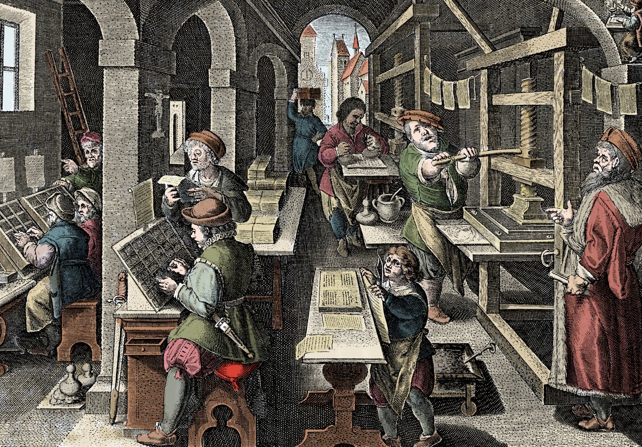 مكتب الطباعة ، c1600 - هولندا ، الطباعة: على اليسار تستخدم الأحرف الأحرف ، والمراحل المختلفة لإعداد الطباعة بإشراف طابعة رئيسية - نقش من "نوفا ريبيرتا" بقلم جيوفاني سترادانو (جان فان دير سترايت) (يوهان بواسطة جان فان دير سترايت