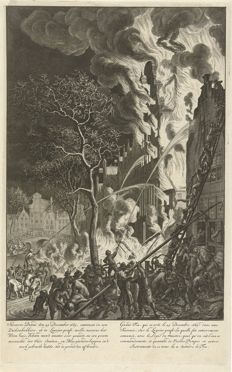 حريق على Lauriergracht في أمستردام ، 1669 حريق شديد في 29 ديسمبر 1669. نشأ في مخبز السكر ، على طعم لورييه (...) / Grand feu، qui se prit le 29 decembre 1669. dans une sucrerie، sur le Laurier graft (...) (العنوان على الشيء) بواسطة جان فان دير هايدن (منسوب إلى)