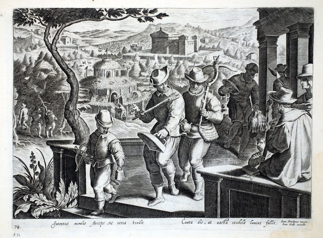 صيادو الطيور يخرجون للقبض على الطيور السوداء ، رسم توضيحي من "Venationes ، Ferarum ، Avium ، Piscium" (للصيد: وحوش برية ، طيور ، أسماك) ، منقوش بواسطة Jan Collaert (1566-1628) ، حانة. فيليب غال بواسطة جان فان دير سترايت