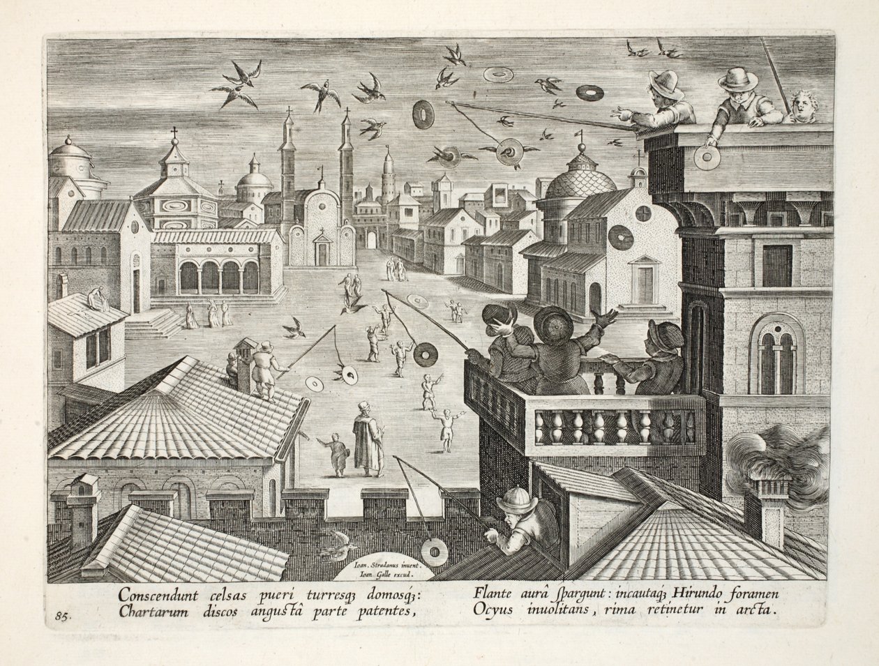 التقاط السنونو باستخدام أقراص معكوسة مع ثقوب ، لوحة 77 ، رسم توضيحي من "Venationes ، Ferarum ، Avium ، Piscium" (للصيد: وحوش برية ، طيور ، أسماك) ، منقوش بواسطة Jan Collaert (1566-1628) ، حانة. بواسطة جان فان دير سترايت