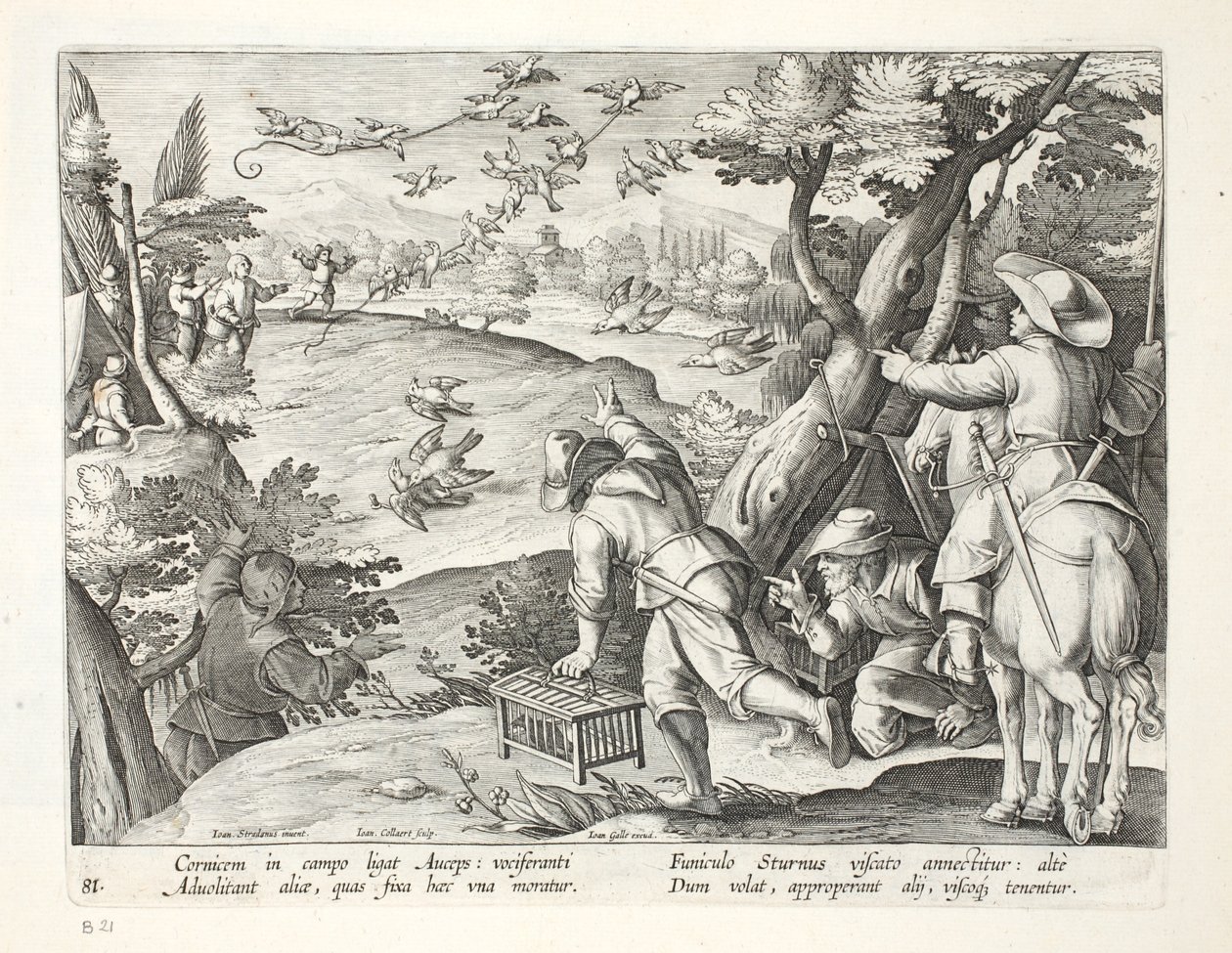 صيادون يصطادون الغربان ، رسم توضيحي من "Venationes ، Ferarum ، Avium ، Piscium" (للصيد: وحوش برية ، طيور ، أسماك) ، نقش بواسطة Jan Collaert (1566-1628) ، حانة. فيليب جاليوس ، أمستردام (eng بواسطة جان فان دير سترايت