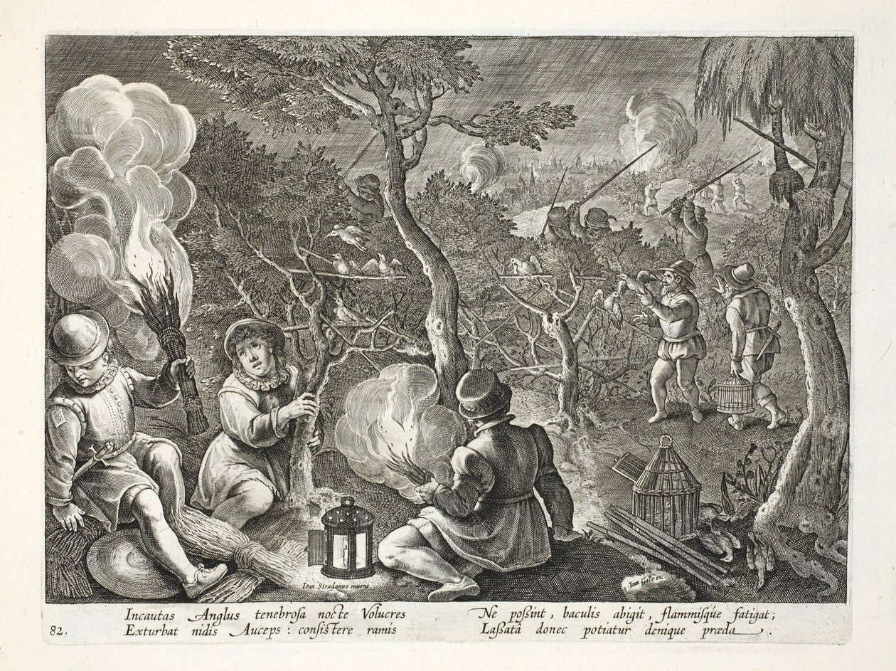 صيادون يصطادون الطيور ليلاً ، رسم توضيحي من "Venationes ، Ferarum ، Avium ، Piscium" (للصيد: وحوش برية ، طيور ، أسماك) ، نقش بواسطة Jan Collaert (1566-1628) ، حانة. فيليب جاليوس ، أمست بواسطة جان فان دير سترايت