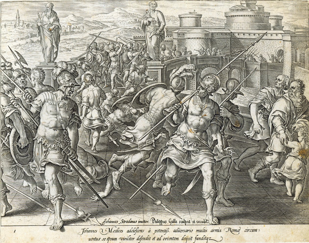 جيوفاني دي ميديتشي محاط بروما ، اللوحة 1 من "تاريخ ميديتشي" ، نقشها فيليب جالي (1537-1612) ، c.1583 بواسطة جان فان دير سترايت