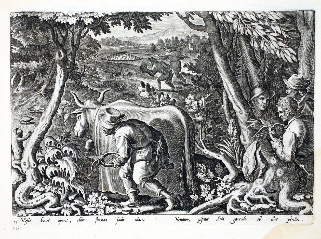 الصيد من أجل الزرزور والحجل ، رسم توضيحي من "Venationes ، Ferarum ، Avium ، Piscium" (للصيد: وحوش برية ، طيور ، أسماك) ، نقش بواسطة Jan Collaert (1566-1628) ، حانة. بواسطة فيليبوس غالايوس ، أ بواسطة جان فان دير سترايت