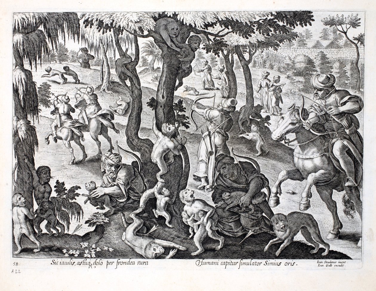 قرود الصيد في الريف ، رسم توضيحي من "Venationes ، Ferarum ، Avium ، Piscium" (للصيد: وحوش برية ، طيور ، سمك) ، نقش بواسطة Jan Collaert (1566-1628) ، حانة. بواسطة فيليبوس غالايوس ، صباحا بواسطة جان فان دير سترايت
