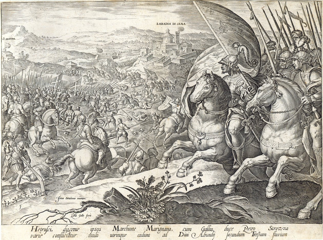 معركة لاباديا سي سينا والقديس أبوندا ، اللوحة 3 من "تاريخ ميديشي" ، نقشها فيليب جالي (1537-1612) ، c.1583 بواسطة جان فان دير سترايت