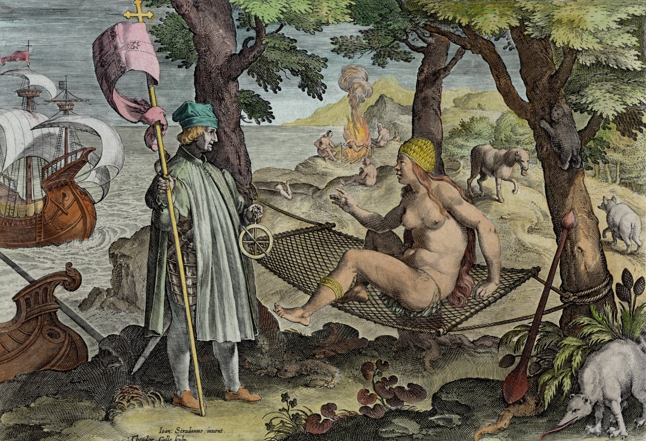 Vespucci Discovering America ، اللوحة 2 من "Nova Reperta" (اكتشافات جديدة) محفورة بواسطة Theodor Galle (1571-1633) c.1600 (تلوين لاحق) بواسطة جان فان دير سترايت
