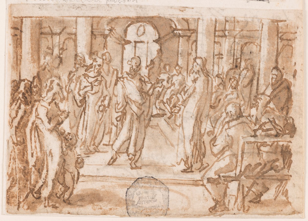 استجواب بطرس ويوحنا من قبل المجلس الأعلى ، التصميم الأولي لـ "Spiritus Scientiae" (روح العلم) ، اللوحة 5 في السلسلة المطبوعة "سبع هدايا من الروح القدس" بواسطة جان فان دير ستريت، يُدعى سترادانوس