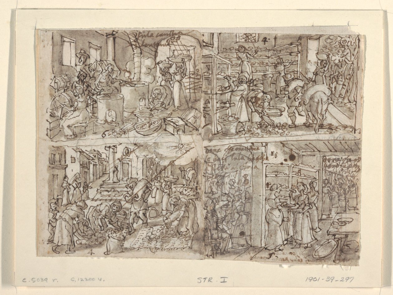 Recto: أربعة تصميمات أولية لسلسلة الطباعة "Vermis Sericus" (صناعة الحرير). أعلى اليسار: لف الحرير. أسفل اليسار: تحضير أوراق التوت. أعلى اليمين: ترتيب الأوراق على الرفوف. أسفل اليمين: تغذية أوراق التوت إلى ديدان القز. Ve بواسطة جان فان دير ستريت، يُدعى سترادانوس