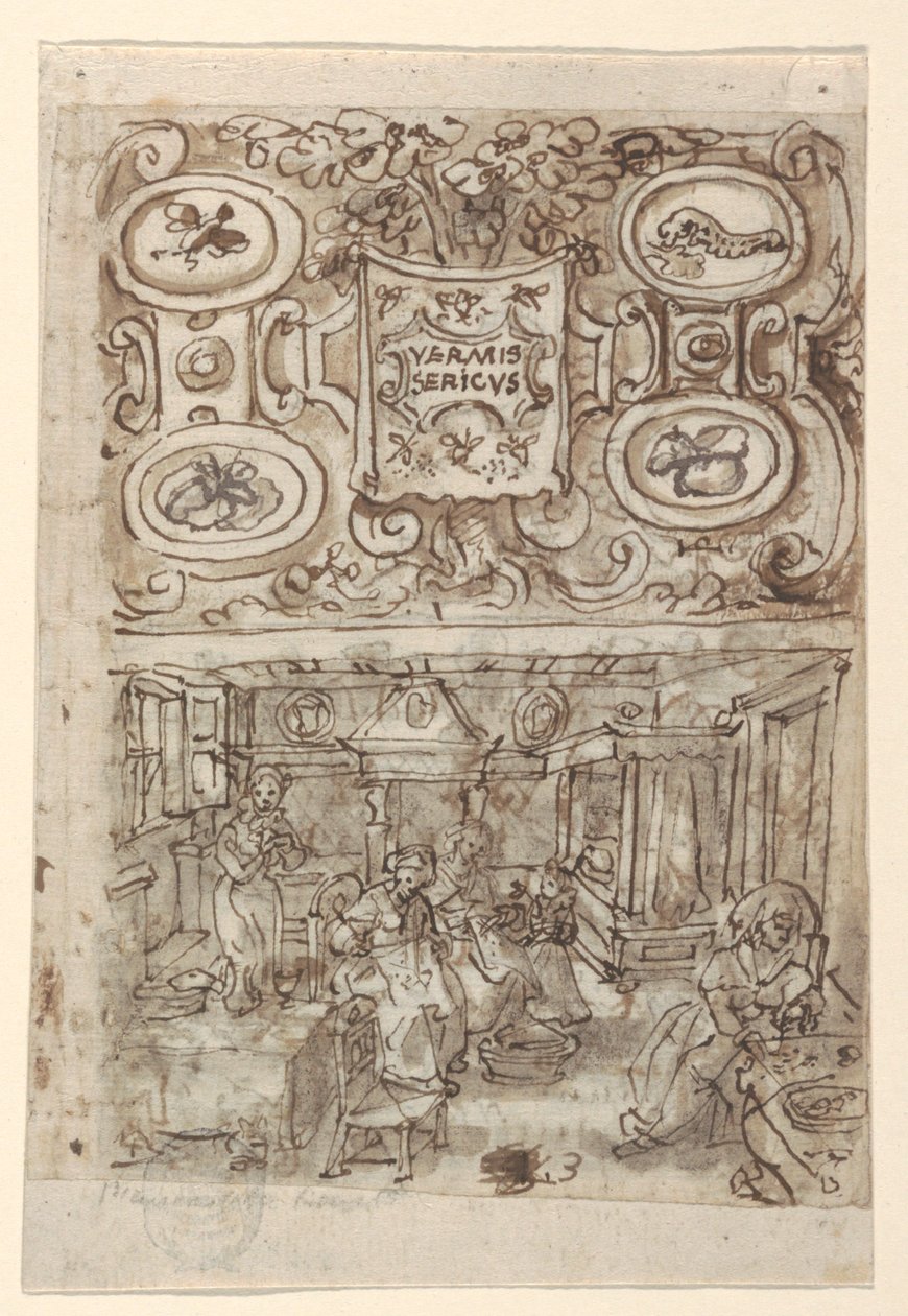 Recto أعلاه: التصميم الأولي لصفحة العنوان لسلسلة طباعة Vermis Sericus ("مقدمة دودة القز") ؛ Recto أدناه: التصميم الأولي للقطعة. 3 (حضانة بيض دودة القز) ؛ النسخة السابقة ، أعلاه: تصميم أولي غير مكتمل لصفحة العنوان لـ بواسطة جان فان دير ستريت، يُدعى سترادانوس