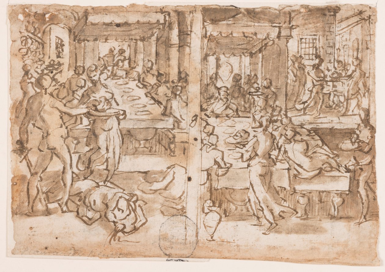 Recto ، يمينًا: قطع رأس القديس يوحنا المعمدان ، Recto ، إلى اليسار: Salome أعطت رأس القديس يوحنا المعمدان من قبل الجلاد ، تصميم القطعة 10 في حياة القديس يوحنا المعمدان فيرسو: جسد ألفونسو Piccolomini (1551-1591) ، Sienese Outlaw Hung i بواسطة جان فان دير ستريت، يُدعى سترادانوس