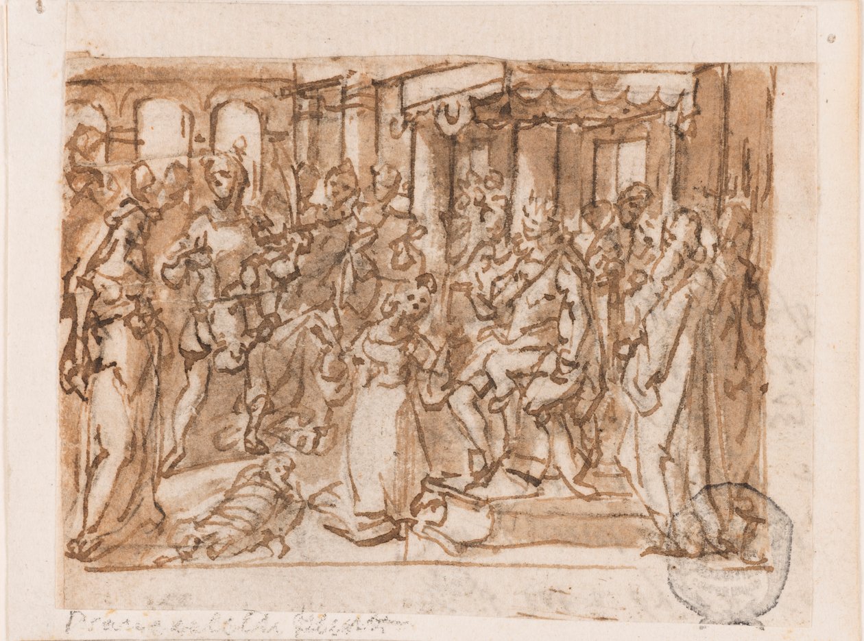 دينونة سليمان ، التصميم الأولي لـ "Spiritus Sapientiae" (روح الحكمة) ، اللوحة 1 في سلسلة المطبوعات "سبع هدايا من الروح القدس" بواسطة جان فان دير ستريت، يُدعى سترادانوس