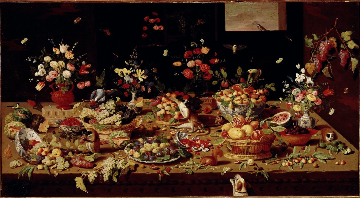 Still life with fruit and flowers Table topped with dishes with figs, plums, pomegranates, grapes, peaches. Copper Painting by Jan Van Kessel (1626-1679) Galleria Doria Pamphilj, Rome - Still Life of Flowers, Fruit and Animals, by Jan Van Kessel (1626-79). بواسطة جان فان الأكبر كيسيل