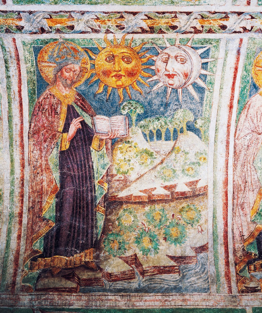 كنيسة Hrastovlje المحصنة ، كنيسة الثالوث ، سفر التكوين ، خلق الله الشمس والقمر والنجوم (1490) ، تفاصيل من اللوحات الجدارية بواسطة Janez Iz Kastva ، سلوفينيا بواسطة جانيز كاستاف