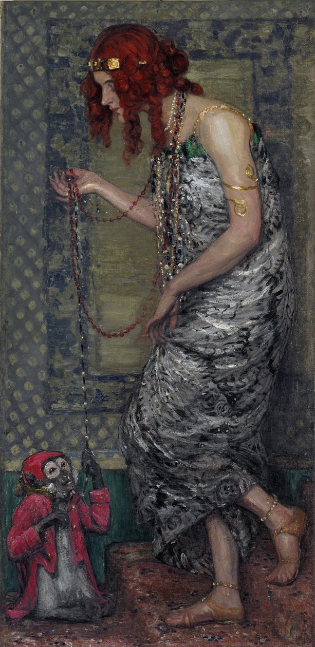 "La Princesse et le singe" (الأميرة والقرد) Peinture de Janis Rozentals (1866-1916) - 1913 - زيت على قماش قاتم 147.5x71 سم متحف الدولة للفنون لجمهورية لاتفيا ، ريغا بواسطة جانيس روزينتالز