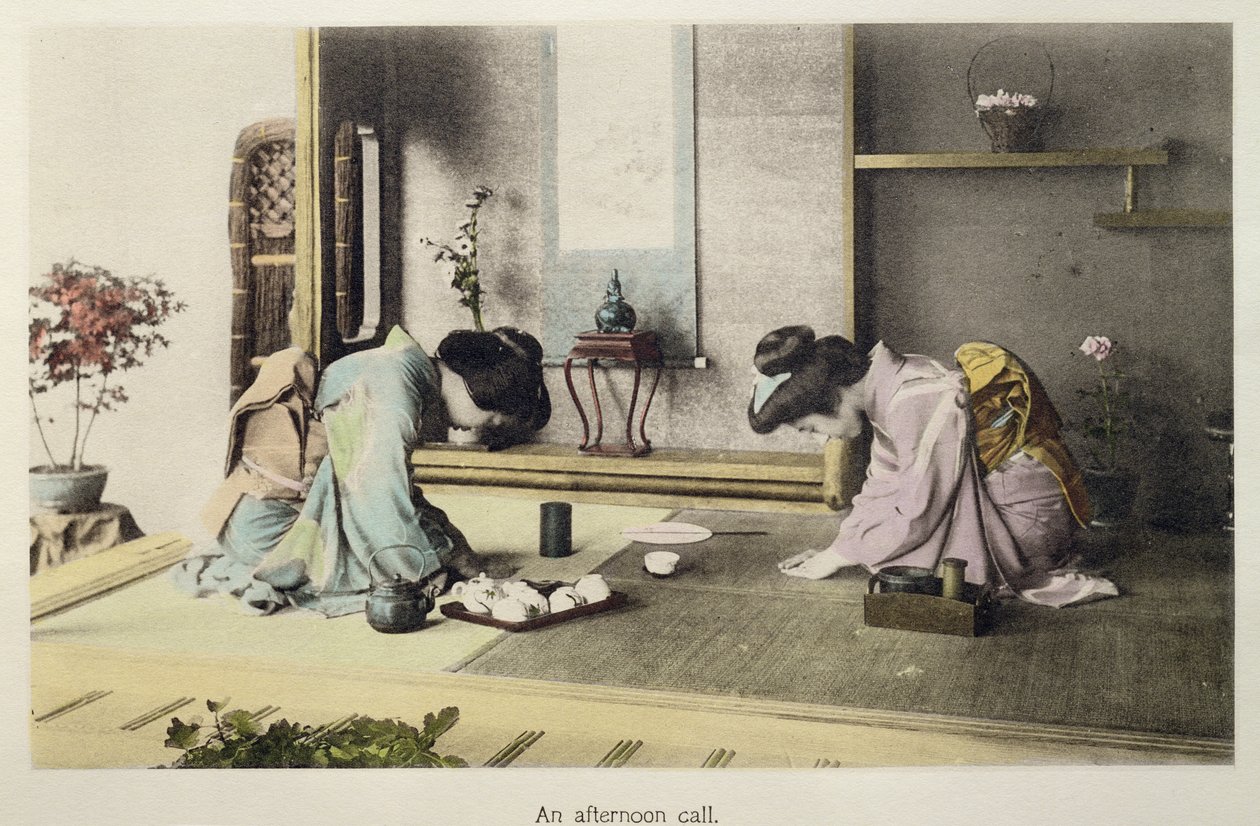 مكالمة بعد الظهر ، c.1880 (طباعة زلال ملونة على البطاقة) بواسطة مصور ياباني
