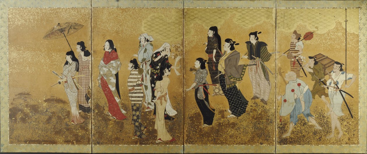 Cherry Blossom Viewing Picnic ، c.1624-44 (شاشة بأربعة أضعاف ، حبر ، لون وورق ذهبي على ورق) بواسطة المدرسة اليابانية