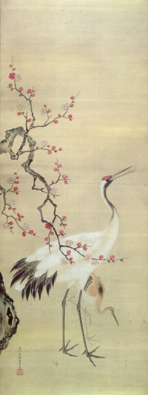 Crane and Blossom ، c.1850-80 (حبر ولون على الحرير) بواسطة المدرسة اليابانية