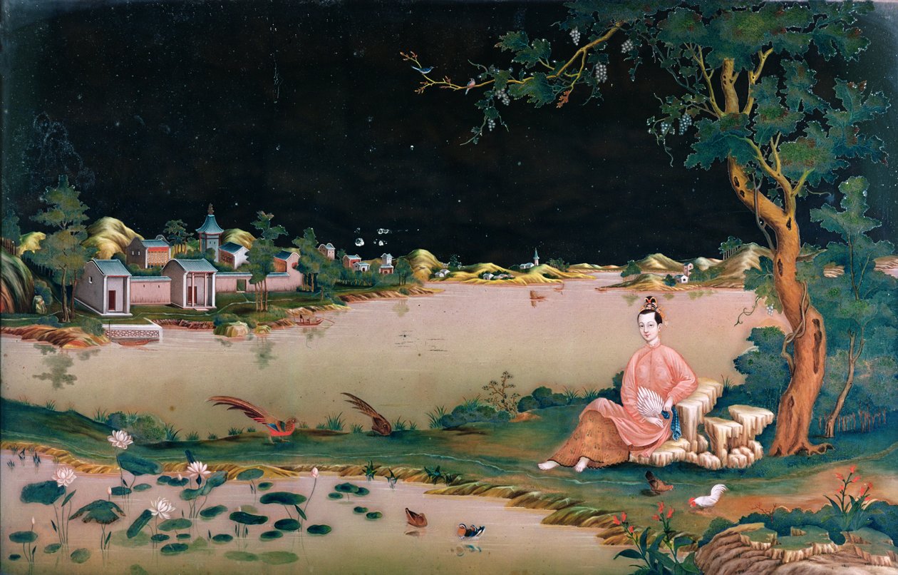 لوحة مرآة يابانية تظهر فتاة جالسة ، c.1800 بواسطة المدرسة اليابانية