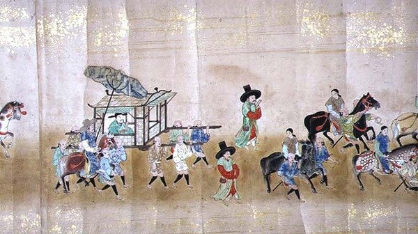 السفارة الكورية السادسة في اليابان في Meireki 1 في وقت خلافة توكوغاوا إيتسوناس في عام 1651 ، ربما بواسطة كانو ماسونوبو (1625-1694) (لوحة التمرير) (التفاصيل) (انظر أيضًا 120834) بواسطة المدرسة اليابانية