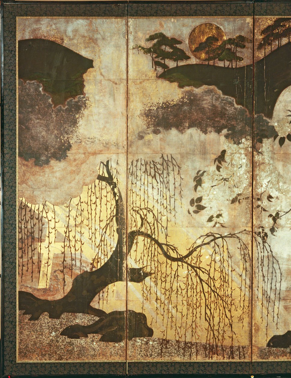 منظر طبيعي مشمس (قلم وحبر ، ملون ، ورق ذهبي على اللوحة) (انظر 216577 ، 216578) بواسطة المدرسة اليابانية