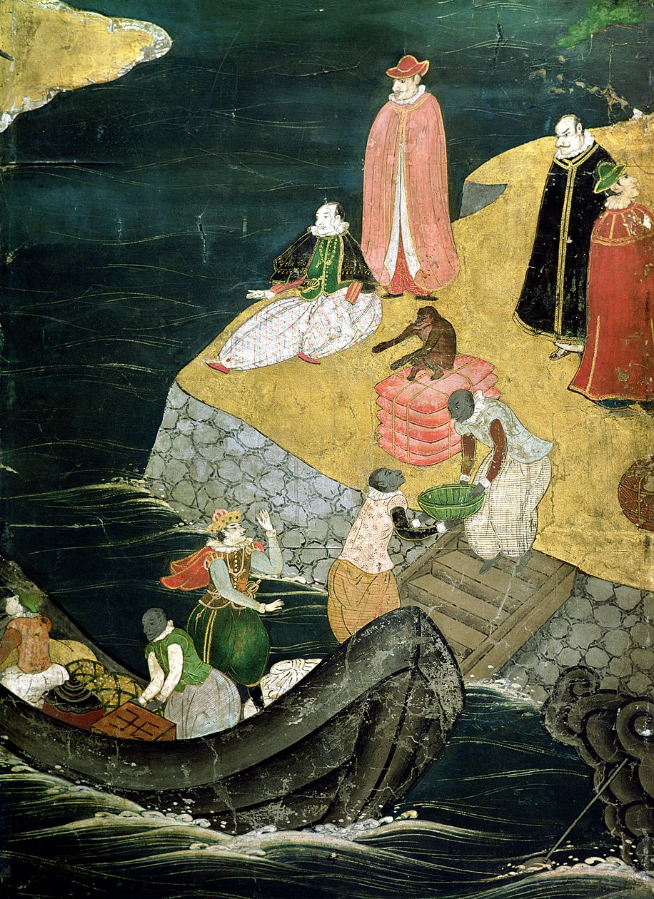 وصول البرتغاليين إلى اليابان ، تفاصيل تحميل البضائع من شاشة Namban Byobu ، 1594-1618 بواسطة المدرسة اليابانية