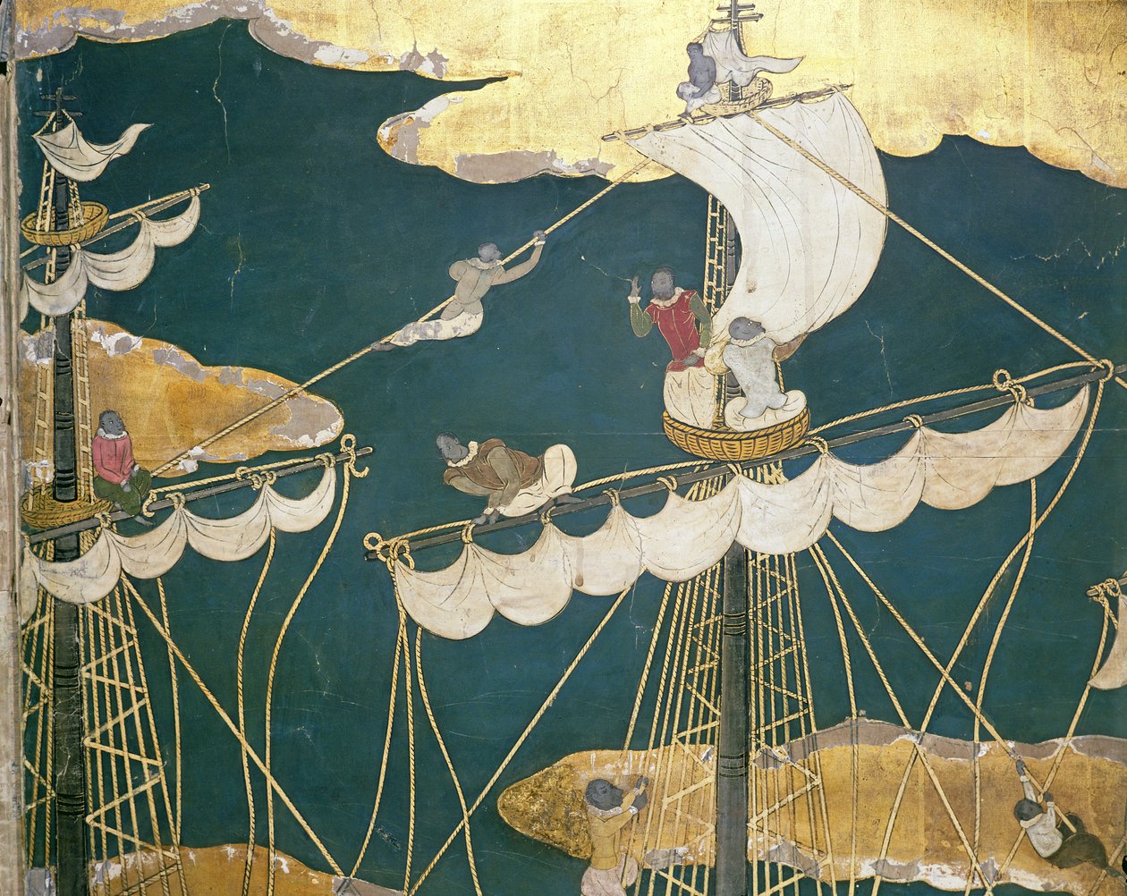 وصول البرتغاليين إلى اليابان ، تفاصيل صاري السفينة وعش الغراب ، من شاشة Namban Byobu ، 1594-1618 بواسطة المدرسة اليابانية