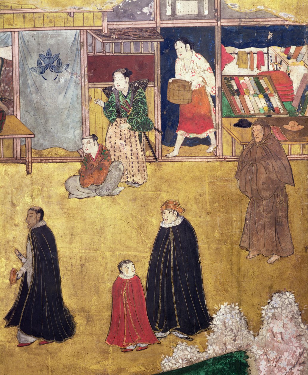 وصول البرتغاليين إلى اليابان ، تفاصيل المتاجر من شاشة Namban Byobu ، 1594-1618 بواسطة المدرسة اليابانية