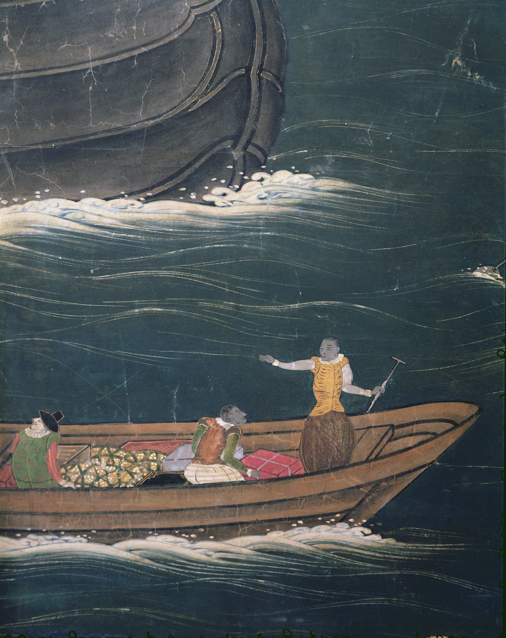 وصول البرتغاليين إلى اليابان ، تفاصيل سفينة صغيرة مع شحن ، من شاشة Namban Byobu ، 1594-1618 بواسطة المدرسة اليابانية