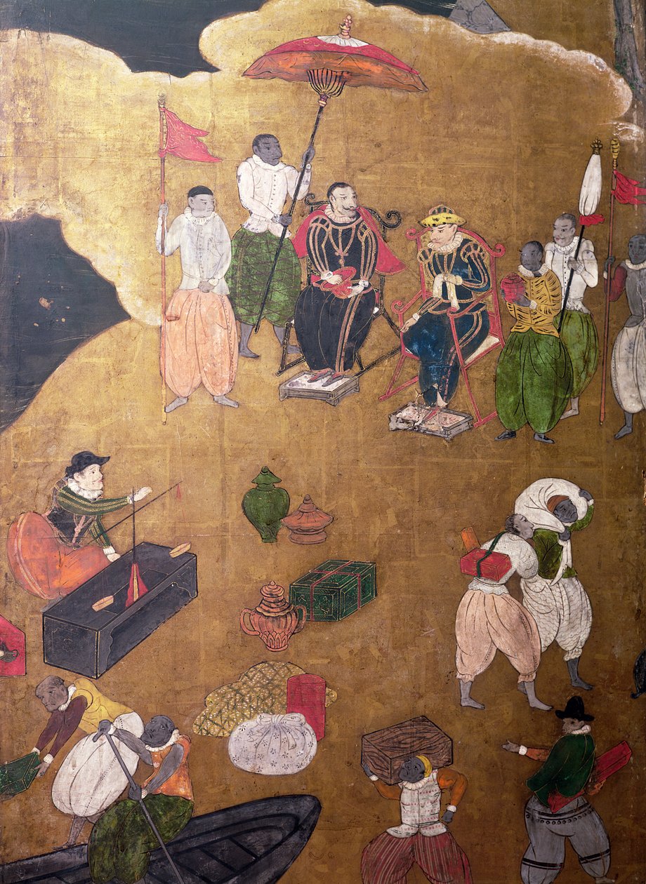 وصول البرتغاليين إلى اليابان ، تفاصيل البرتغاليين الذين قادوا النزول ، من شاشة Namban Byobu ، 1594-1618 بواسطة المدرسة اليابانية